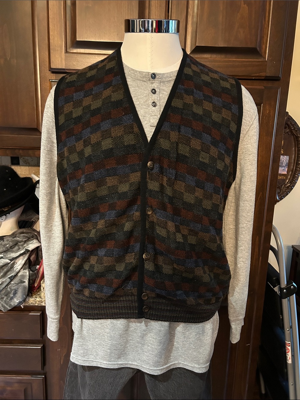 Alfani Sz XXL Multi-Check Wool Blend Button Front Vest - Brown/Olive/Blue